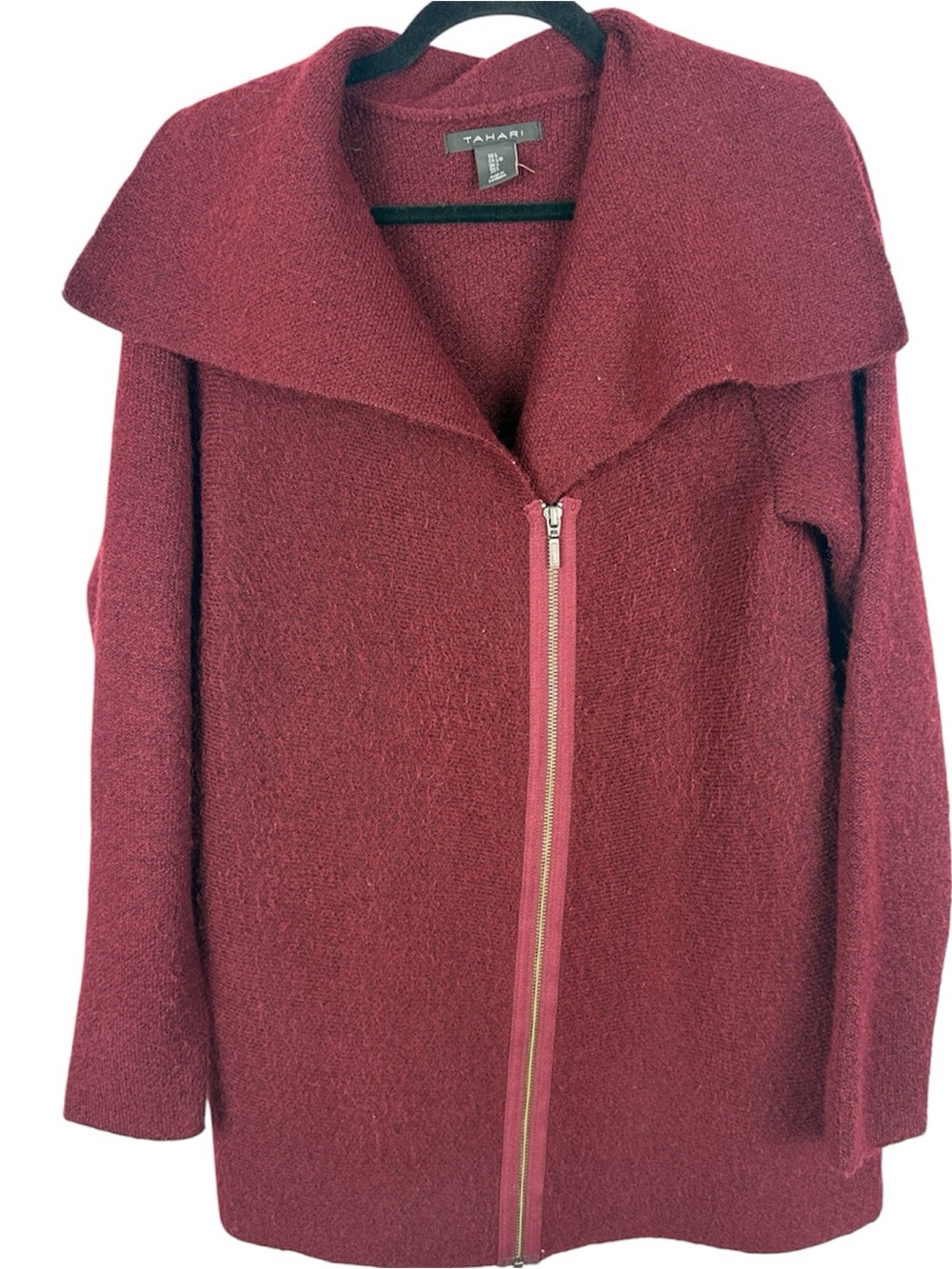 Tahari Asymmetric Zip Wool Blend Cardigan Coat Sweater Burgundy Red L